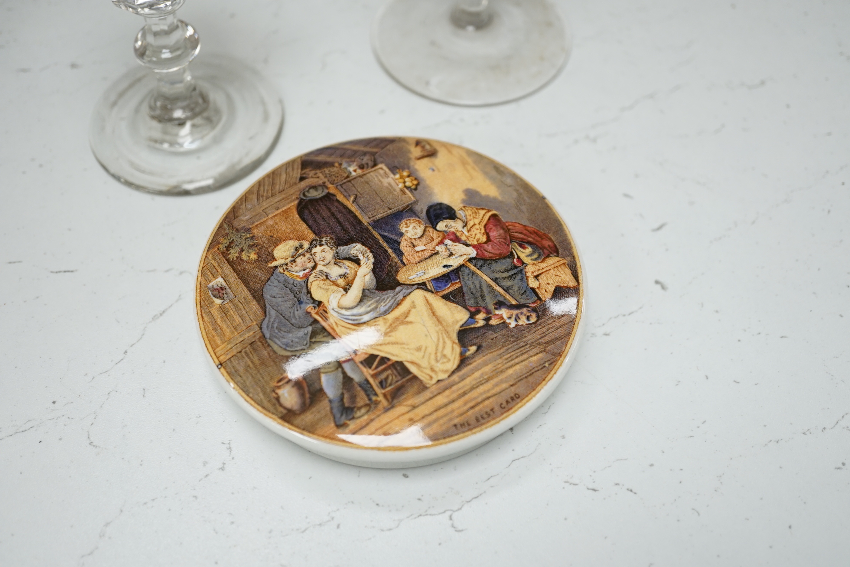 Nine Victorian ceramic Prattware pot lids and one base